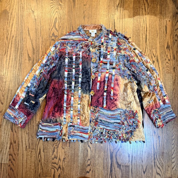 Sandy Starkman Jackets & Blazers - Sandy Starkman Wearable Art Jacket Velvet Wood Button Size 2XL Multi Color Rare